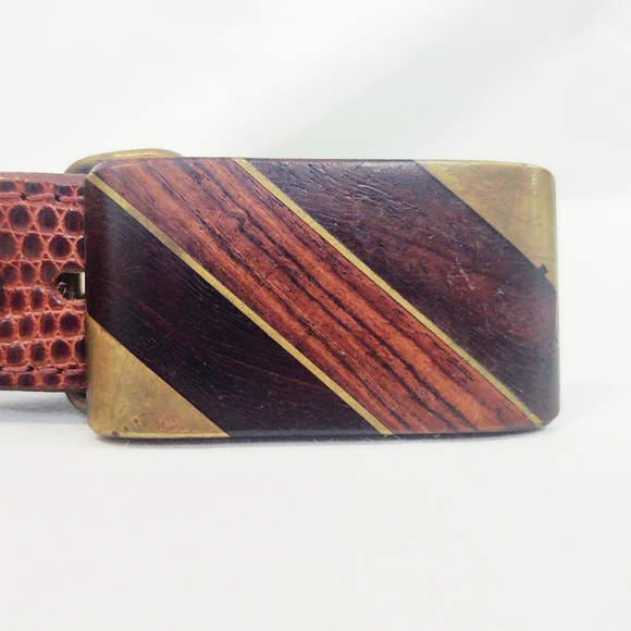Vintage Mid-Century Modern Brown Lizard Belt with Wood & Bronze Inlay Buckle - Picture 5 of 8